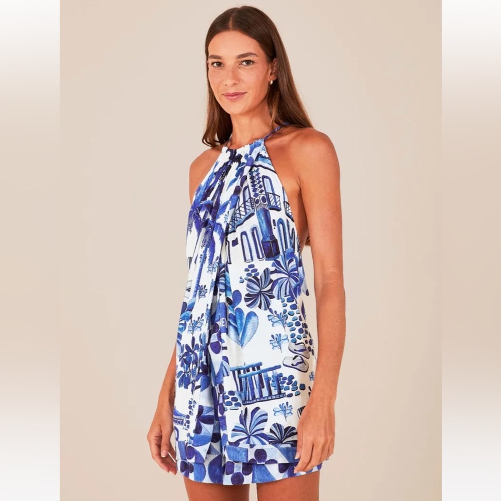 Farm Rio Blue and White Halter Romper